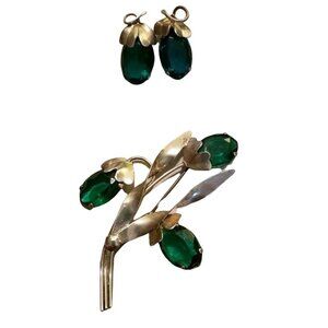Sterling Silver Green Stone Floral Brooch Pin and Earring Set Celibity Owned JS6